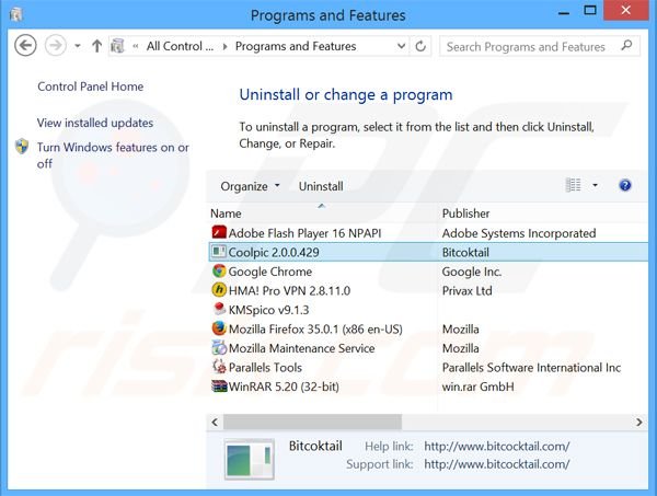 Coolpic adware verwijdering via het Controle Paneel
