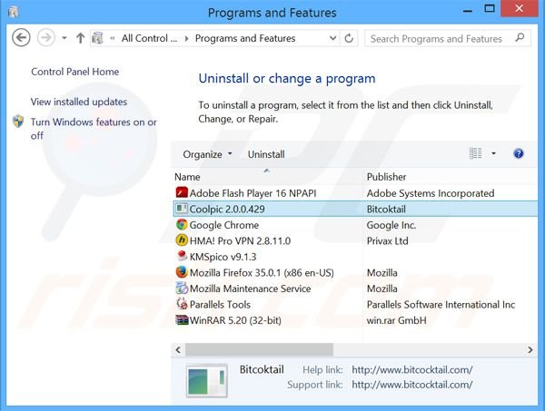 Coolpic adware verwijdering via het Controle Paneel
