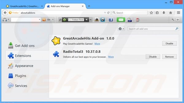 Verwijder de GreatArcadeHits advertenties uit Mozilla Firefox stap 2