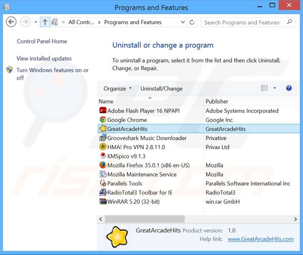 GreatArcadeHits adware verwijdering via het Controle Paneel