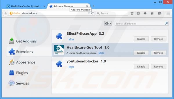 Verwijder de Healthcare Gov Tool advertenties uit Mozilla Firefox stap 2