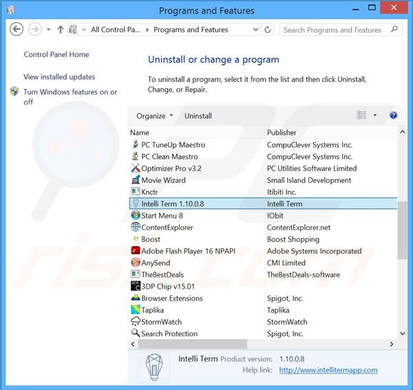 IntelliTerm adware verwijdering via het Controle Paneel