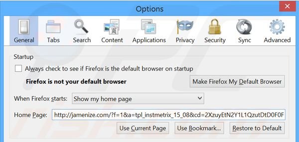 Verwijder jamenize.com als startpagina in Mozilla Firefox