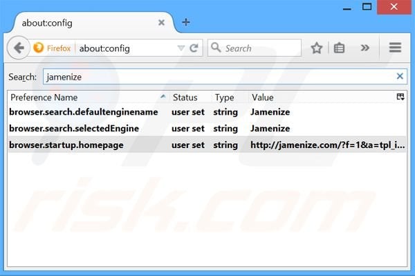 Verwijder jamenize.com als standaard zoekmachine in Mozilla Firefox