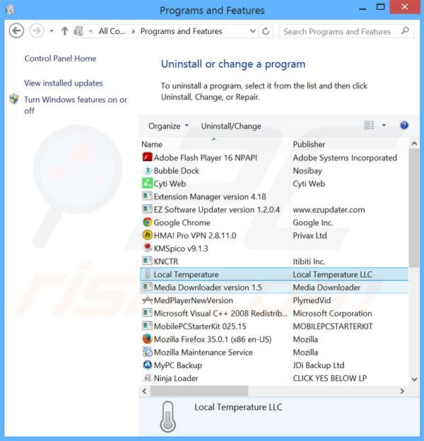 Local Temperature adware verwijdering via het Controle Paneel