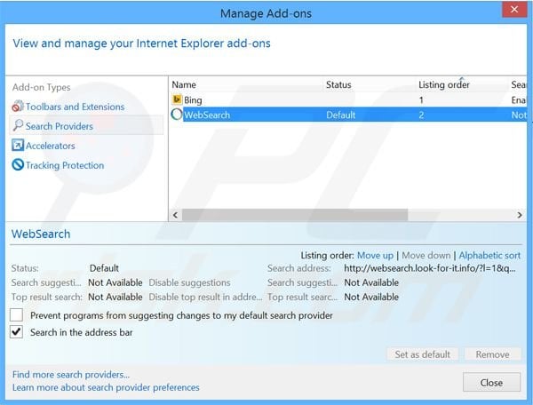 Verwijder websearch.look-for-it.info als standaard zoekmachine in Internet Explorer 