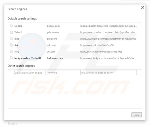Verwijder luckysearches.com als standaard zoekmachine in Google Chorme