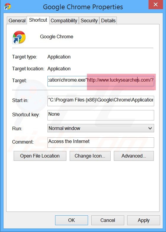 Verwijder de luckysearches.com Google Chrome snelkoppeling stap 2