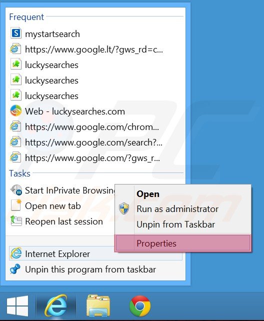 Verwijder luckysearches.com als doel van de Internet Explorer snelkoppeling stap 1