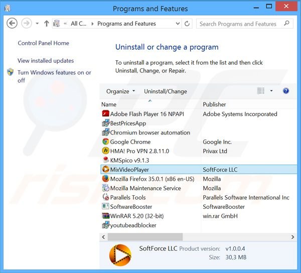MixVideoPlayer adware verwijdering via het Controle Paneel