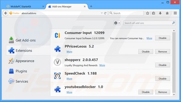 Verwijder de MobilePCStarterKit advertenties uit Mozilla Firefox stap 2