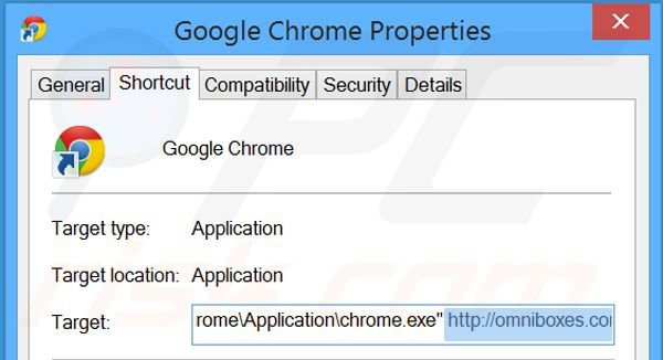 Verwijder omniboxes.com als doel van de Google Chrome snelkoppeling stap 2