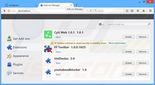 Verwijder aan omniboxes.com gerelateerde Mozilla Firefox extensies