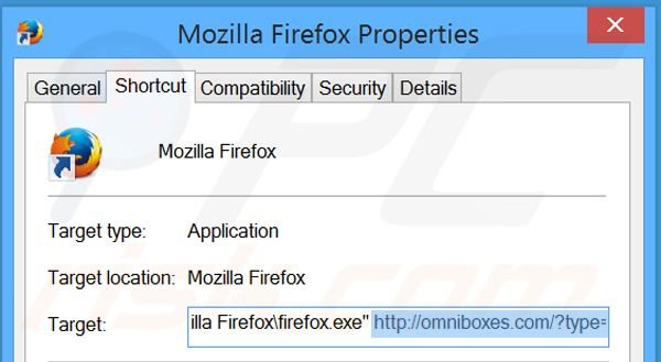 Verwijder omniboxes.com als doel van de Mozilla Firefox snelkoppeling stap 2