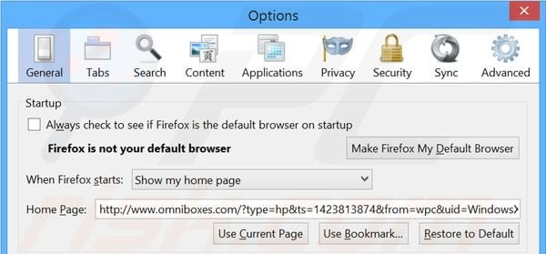 Verwijder omniboxes.com als startpagina in Mozilla Firefox