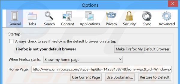 Verwijder omniboxes.com als startpagina in Mozilla Firefox