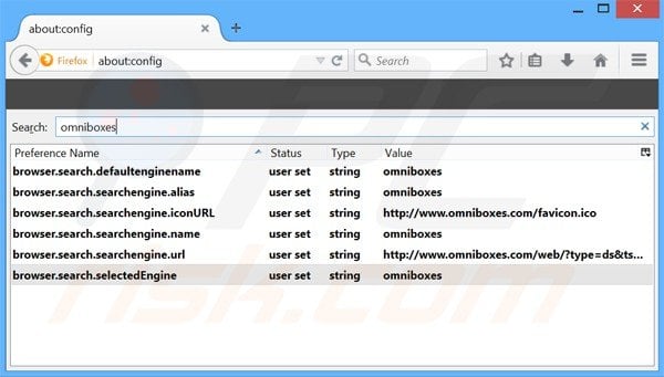 omniboxes.com verwijdering als standaard zoekmachine in Mozilla Firefox