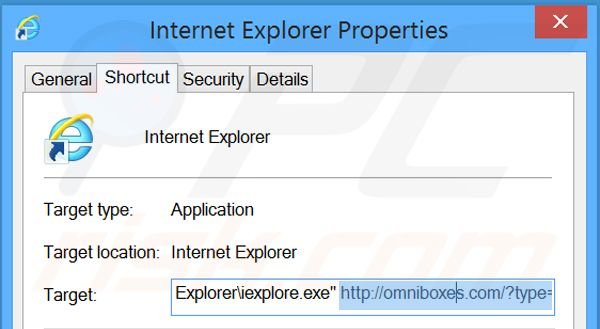 Verwijder omniboxes.com als doel van de Internet Explorer snelkoppeling stap 2