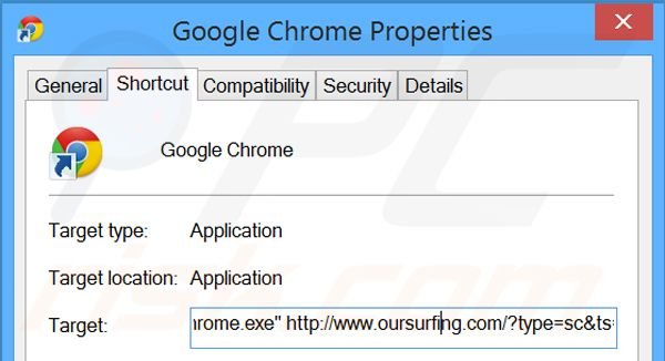 Verwijder oursurfing.com als doel van de Google Chrome snelkoppeling stap 2