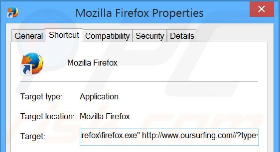 Verwijder oursurfing.com als doel van de Mozilla Firefox snelkoppeling stap 2