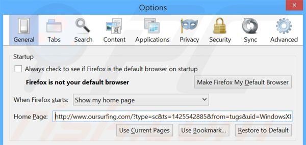 Verwijder oursurfing.com als startpagina in Mozilla Firefox