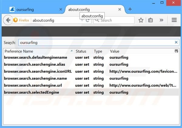 Verwijder oursurfing.com als standaard zoekmachine in Mozilla Firefox