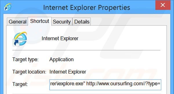 Verwijder oursurfing.com als doel van de Internet Explorer snelkoppeling stap 2