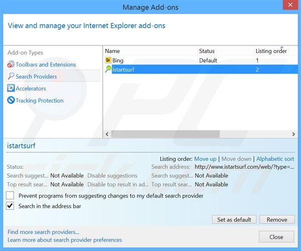 Verwijder oursurfing.com als standaard zoekmachine in Internet Explorer 
