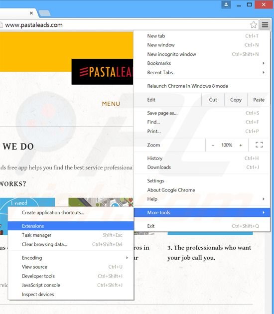 Verwijder de PastaLeads  advertenties uit Google Chrome stap 1