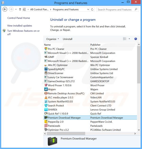Premium Download Manager adware verwijdering via het Controle Paneel