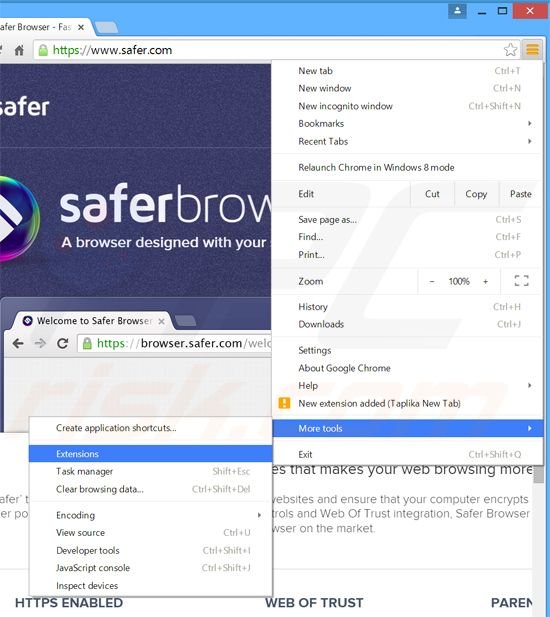 Verwijder de search.safer.com doorverwijzing uit Google Chrome stap 1