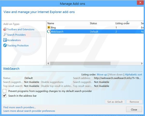 Verwijder websearch.swellsearch.info als standaard zoekmachine in Internet Explorer 