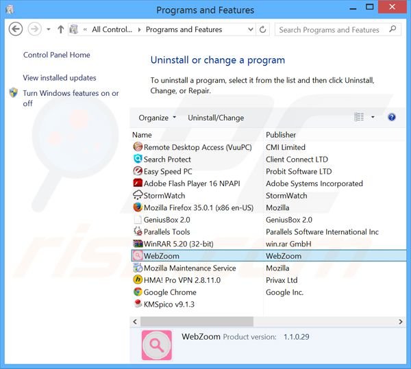 Web Zoom adware verwijdering via het Controle Paneel