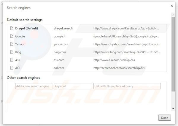 Verwijder dregol.com als standaard zoekmachine in Google Chrome