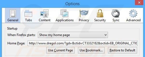 Verwijder dregol.com als startpagina in Mozilla Firefox
