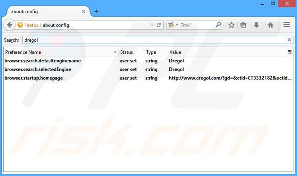 Verwijder dregol.com als standaard zoekmachin in Mozilla Firefox