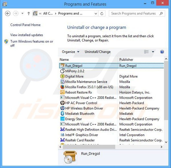 dregol browser hijacker verwijdering via Controle Paneel