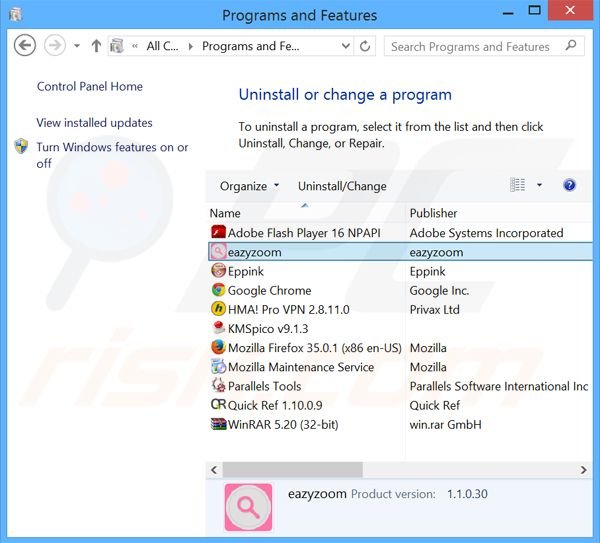 Eazy Zoom adware verwijdering via het Controle Paneel