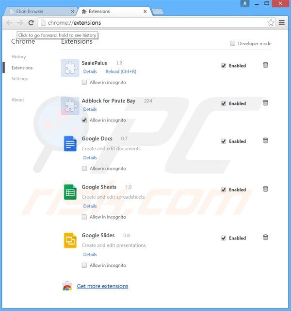 Verwijder ebon browser gerelateerde plugins uit Google Chrome stap 2