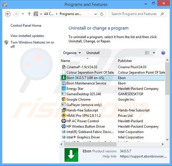 ebon browser adware verwijdering via het Controle Paneel