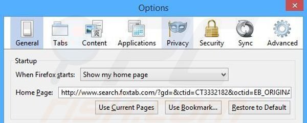 Verwijder search.foxtab.com als startpagina in Mozilla Firefox