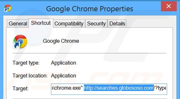 Verwijder searches.globososo.com als doel van de Google Chrome snelkoppeling stap 2