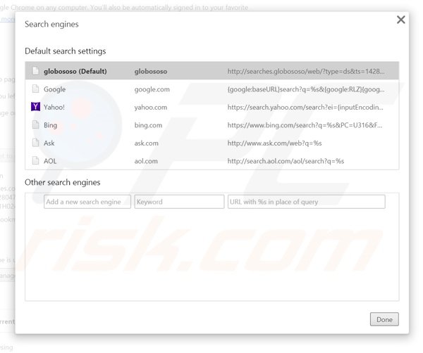 Verwijder searches.globososo.com als standaard zoekmachine in Google Chrome