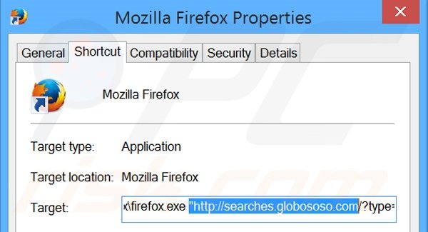 Verwijder searches.globososo.com als doel van de Mozilla Firefox snelkoppeling stap 2