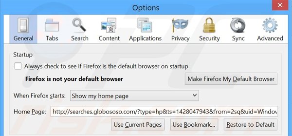Verwijder searches.globososo.com als startpagina in Mozilla Firefox