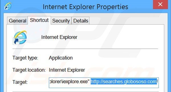 Verwijder searches.globososo.com als doel van de Internet Explorer snelkoppeling stap 2