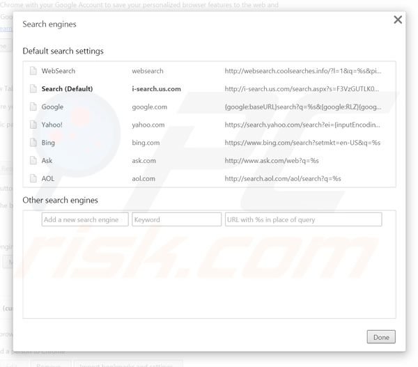 Verwijder i-search.us.com als standaard zoekmachine in Google Chrome