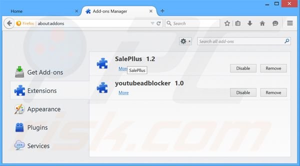 Verwijder de SalePlus advertenties uit Mozilla Firefox stap 2
