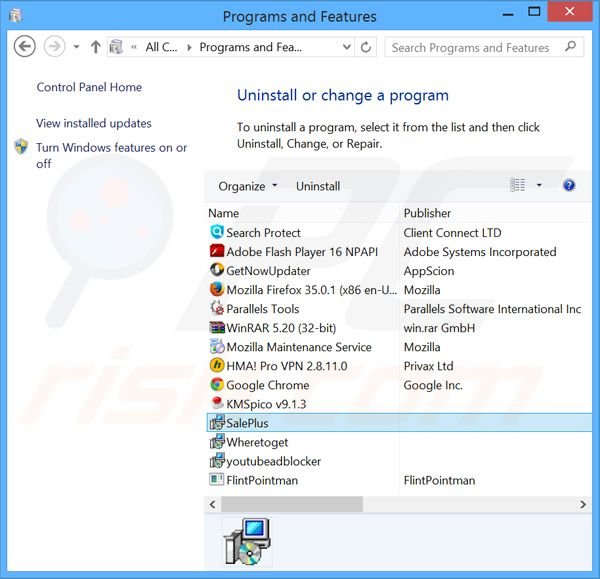 SalePlus adware verwijdering via het Controle Paneel
