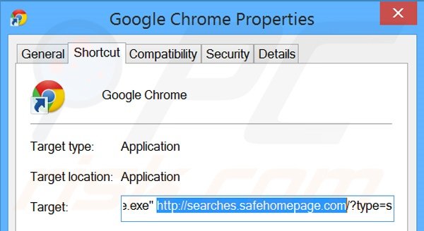 Verwijder searches.safehomepage.com als doel van de snelkoppeling in Google Chrome stap 2